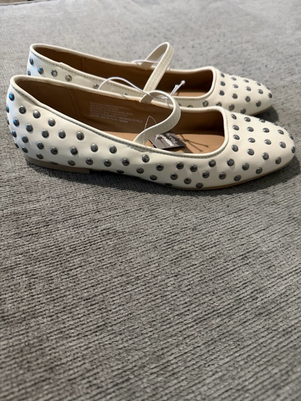 White Studded Mary Jane Flats with Silver Rivets